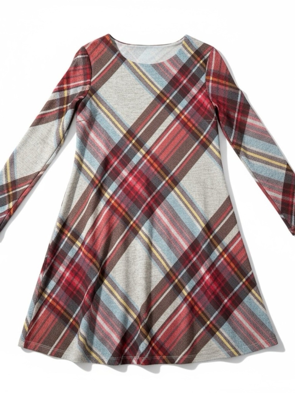 Women's Long-Sleeve Plaid Flared Dress - Red and Blue